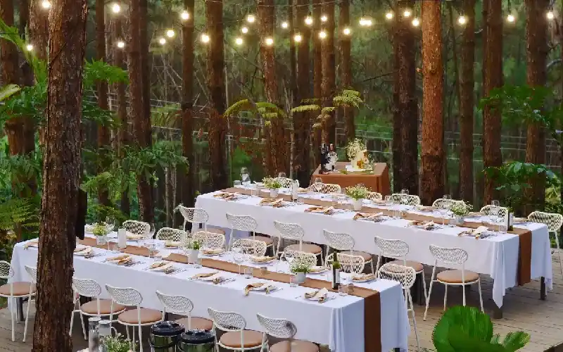 Không gian setup tiệc tối gala dinner ngoài trời đẳng cấp giữa rừng thông tại khu du lịch sinh thái Hồ Hao Hao Nghi Sơn